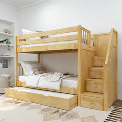 Wooden bunk bed with staircase and trundle drawer in modern bedroom setting.