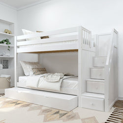 White wooden bunk bed with storage stairs in a modern bedroom setting.