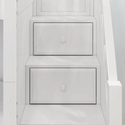 White staircase with integrated storage drawers, modern space-saving design.