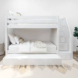 White wooden bunk bed with built-in storage stairs and trundle bed in modern bedroom.