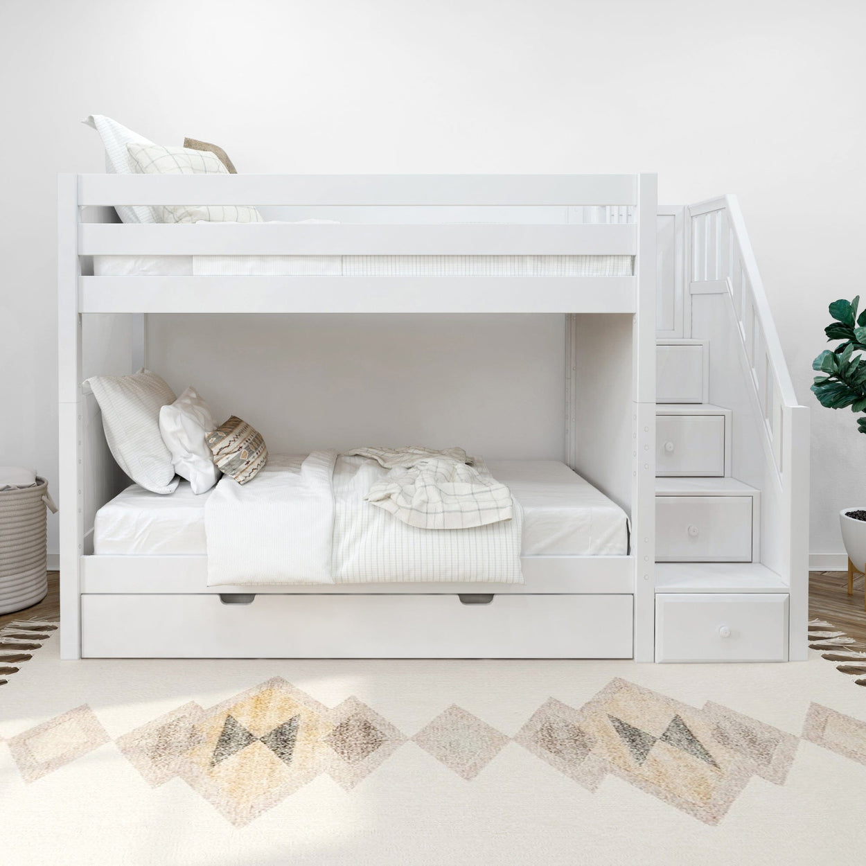 White wooden bunk bed with built-in storage drawers and staircase in modern bedroom.
