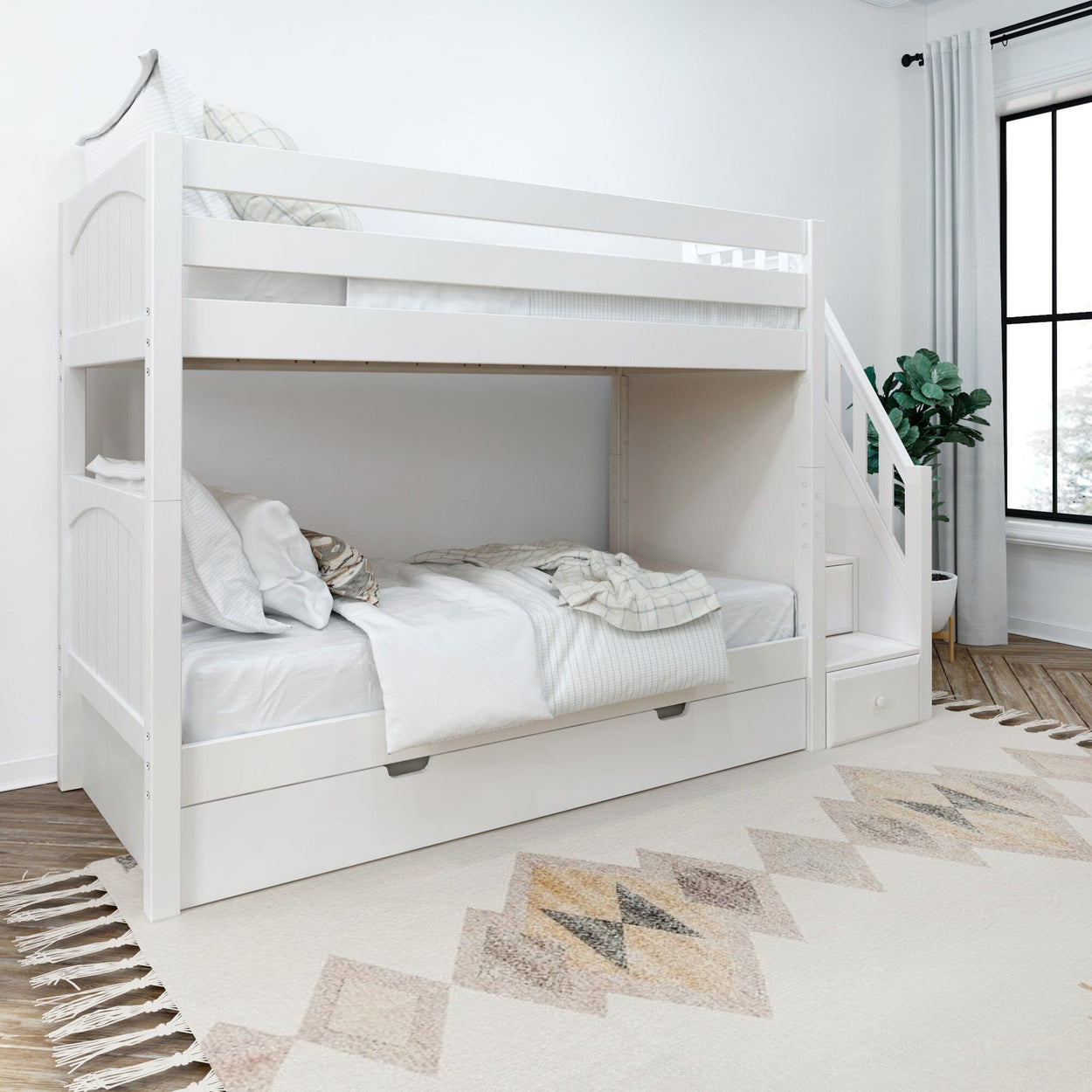 White bunk bed with stairs and storage in modern bedroom setting.