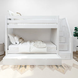 White bunk bed with staircase drawers and trundle bed in a modern kids' room.