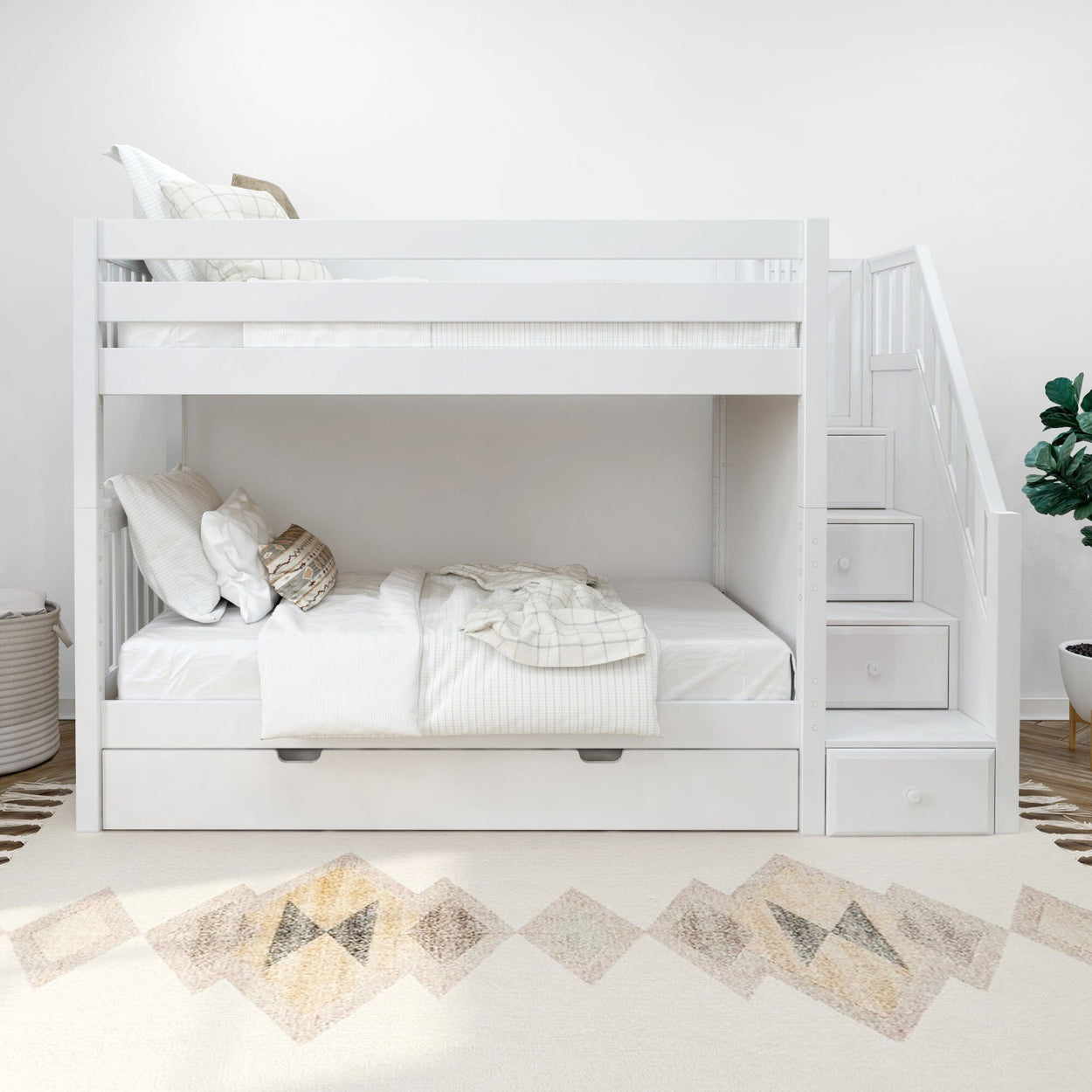 White wooden bunk bed with stairs and storage drawers in a modern bedroom setting.