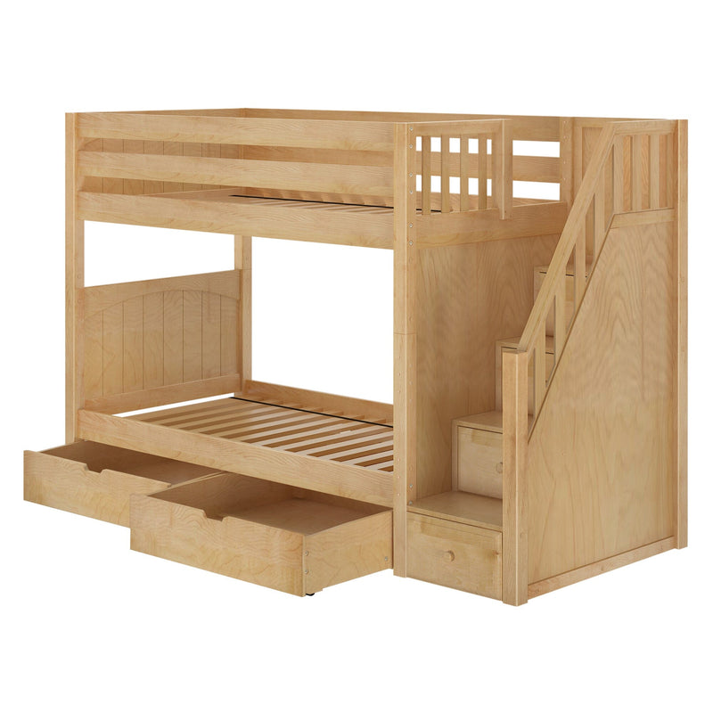 Wooden bunk bed with stairs and storage drawers, perfect for children's bedroom furniture.
