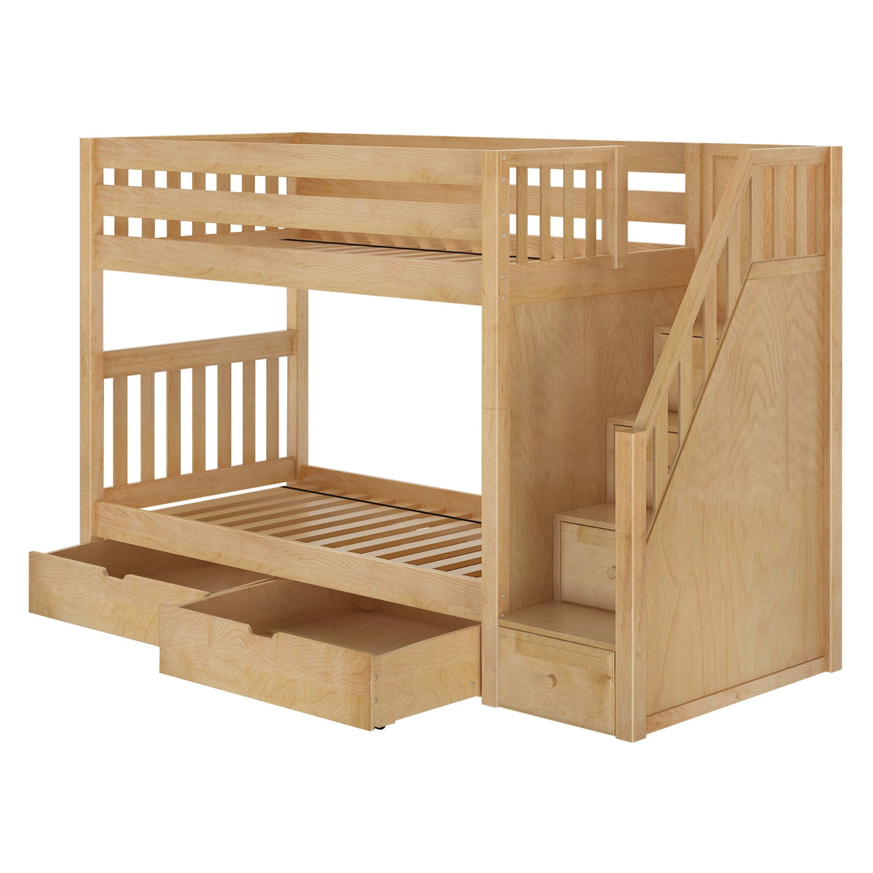 Wooden bunk bed with staircase and built-in storage drawers, perfect for kids' bedrooms.