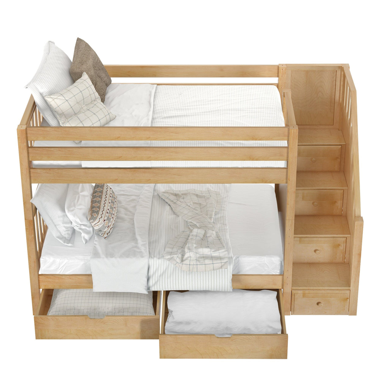Wooden bunk bed with staircase and storage drawers, featuring comfortable bedding and pillows.