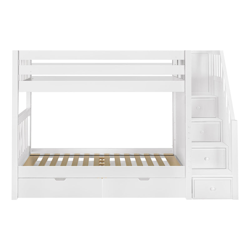 White wooden bunk bed with staircase storage and pull-out drawers, ideal for maximizing space in a kids' bedroom.