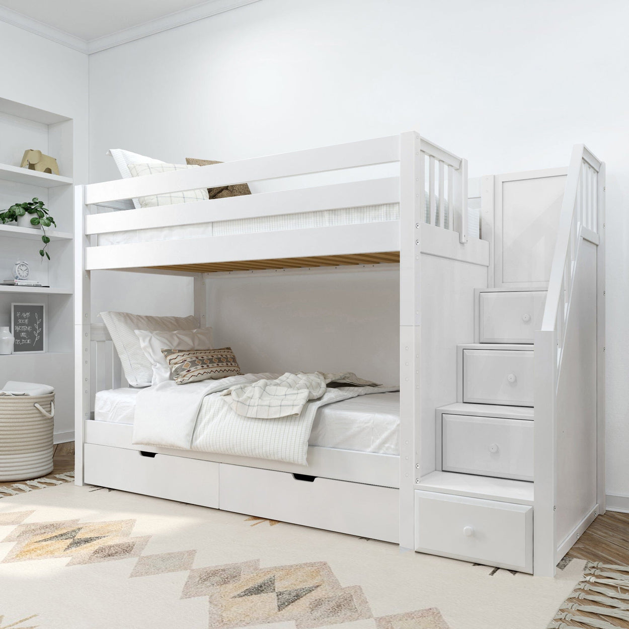 White wooden bunk bed with storage drawers and staircase in a modern minimalist bedroom.