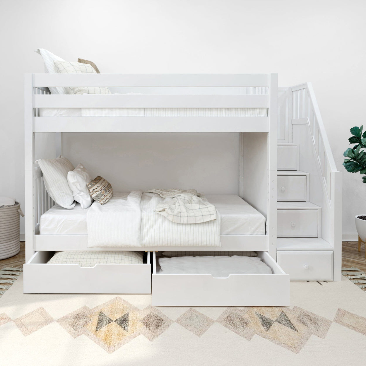 White wooden bunk bed with stairs and storage drawers in a modern bedroom setup.