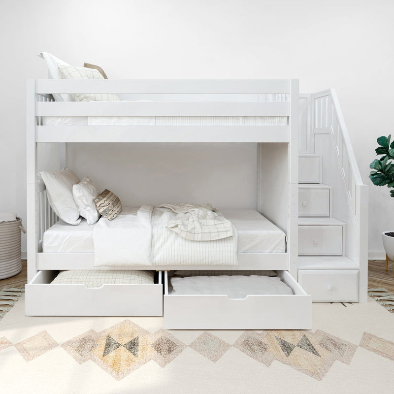 White wooden bunk bed with stairs and storage drawers in a modern bedroom setup.