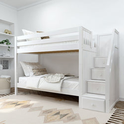 White wooden bunk bed with staircase storage in modern bedroom featuring neutral decor and cozy bedding.