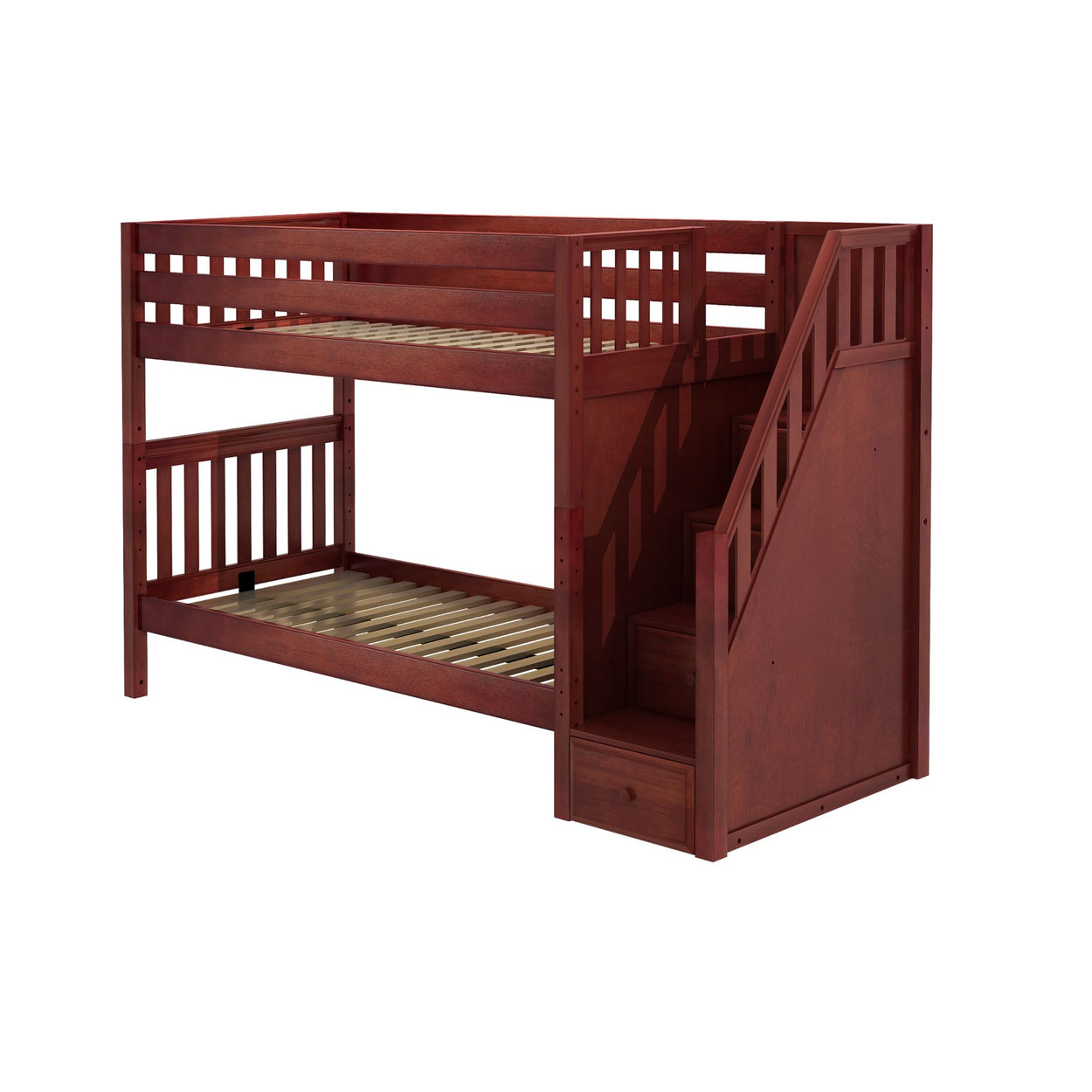 Wooden bunk bed with staircase and storage, ideal for kids' bedrooms.