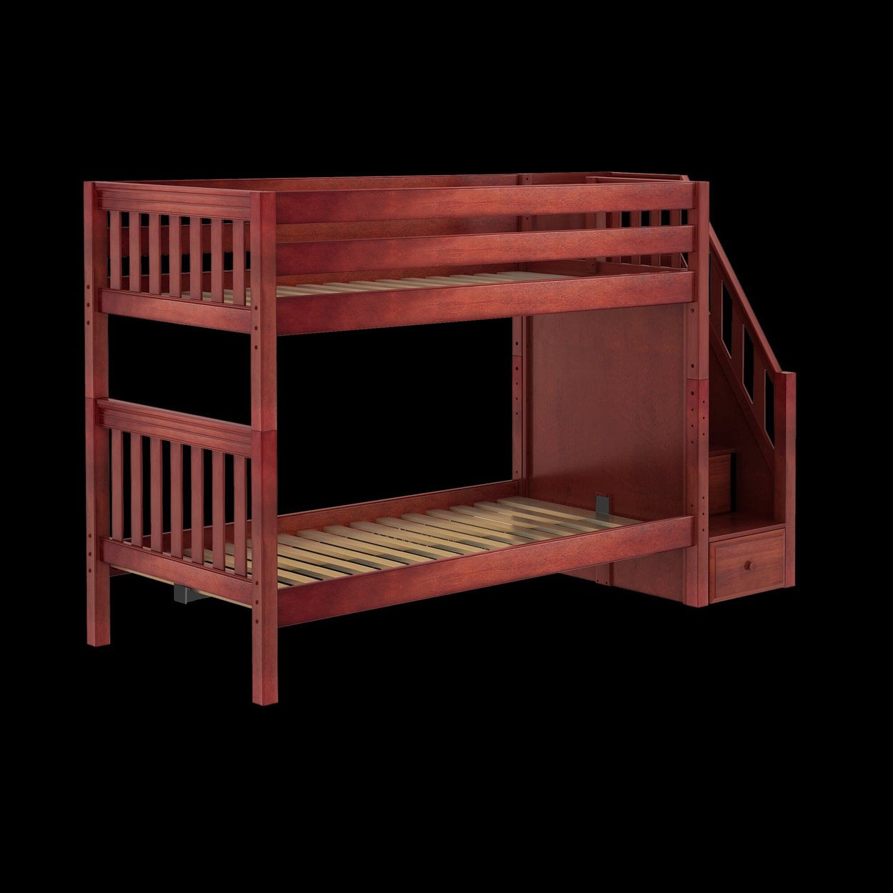 Wooden bunk bed with staircase and drawers, ideal for space-saving in kids' bedrooms.