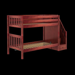 Wooden bunk bed with staircase and drawers, ideal for space-saving in kids' bedrooms.