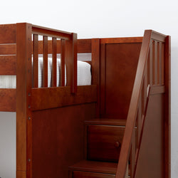 Wooden bunk bed with storage stairs and railing in a modern bedroom setting.
