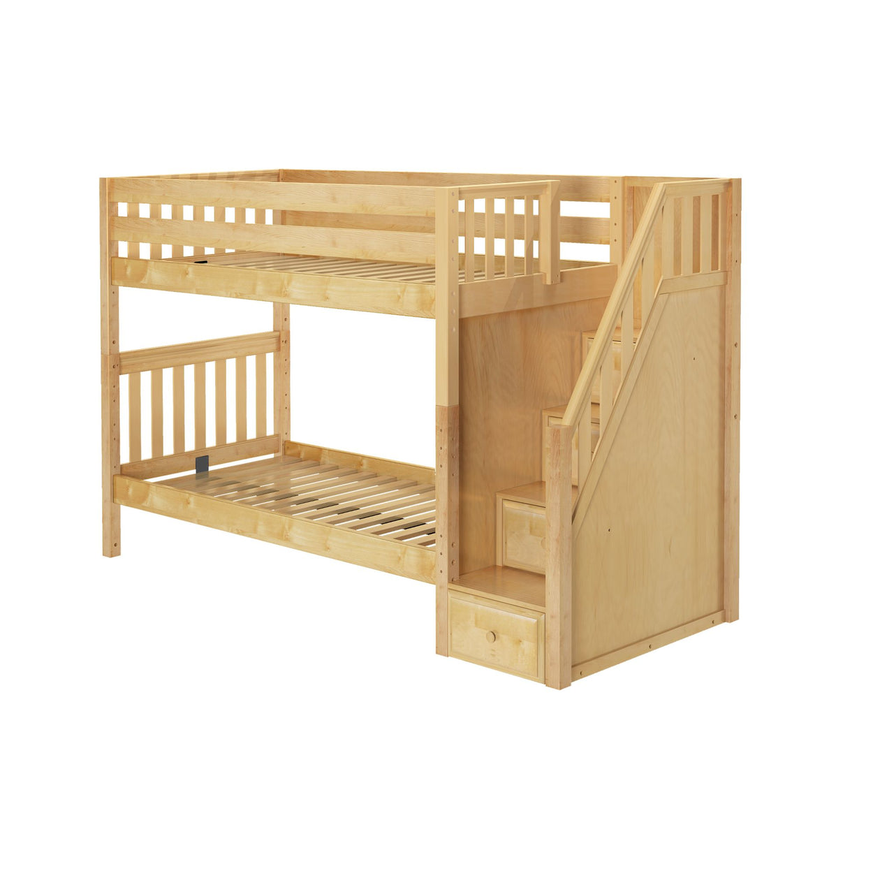 Wooden bunk bed with built-in storage stairs, ideal for space-saving in kids' bedrooms.