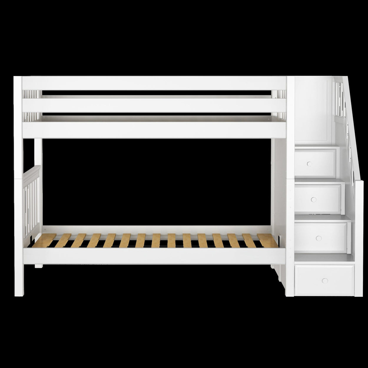 White wooden bunk bed with storage staircase and slatted base.