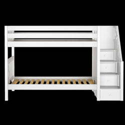 White wooden bunk bed with storage staircase and slatted base.