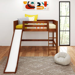 Wooden loft bed with slide in modern kids' room featuring geometric artwork and cozy accents.