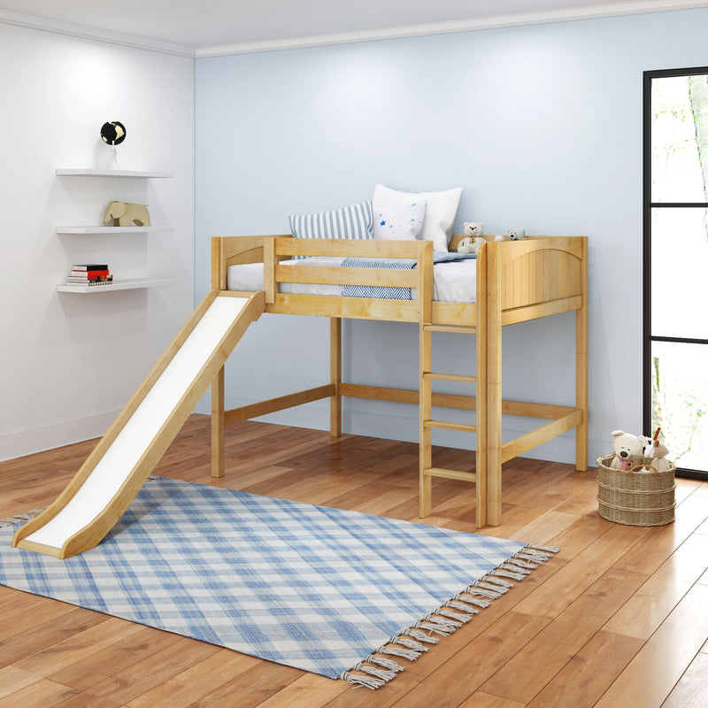 Wooden kids loft bed with slide and ladder in bright modern children's bedroom with blue plaid rug, stuffed animals, floating shelves and hardwood floors