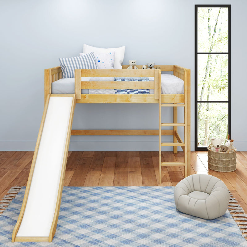Modern kids' wooden loft bed with slide in bright children's bedroom, blue plaid rug, striped pillows, teddy bears, ladder and tall window