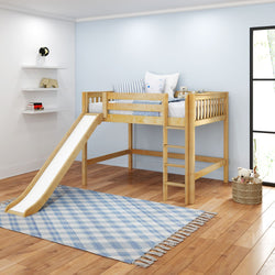 Children's wooden loft bed with slide in a cozy, modern bedroom with minimalistic decor and hardwood floors.