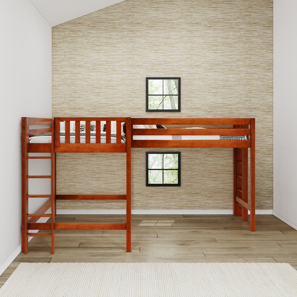 Wooden loft bed with ladder in a cozy kids' bedroom setting featuring neutral decor and wooden flooring.