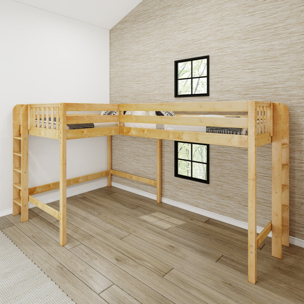 Wooden corner loft bed with ladder in modern bedroom, featuring light brown hardwood floors and beige textured walls.