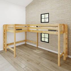 Wooden corner loft bed with ladder in modern bedroom, featuring light brown hardwood floors and beige textured walls.