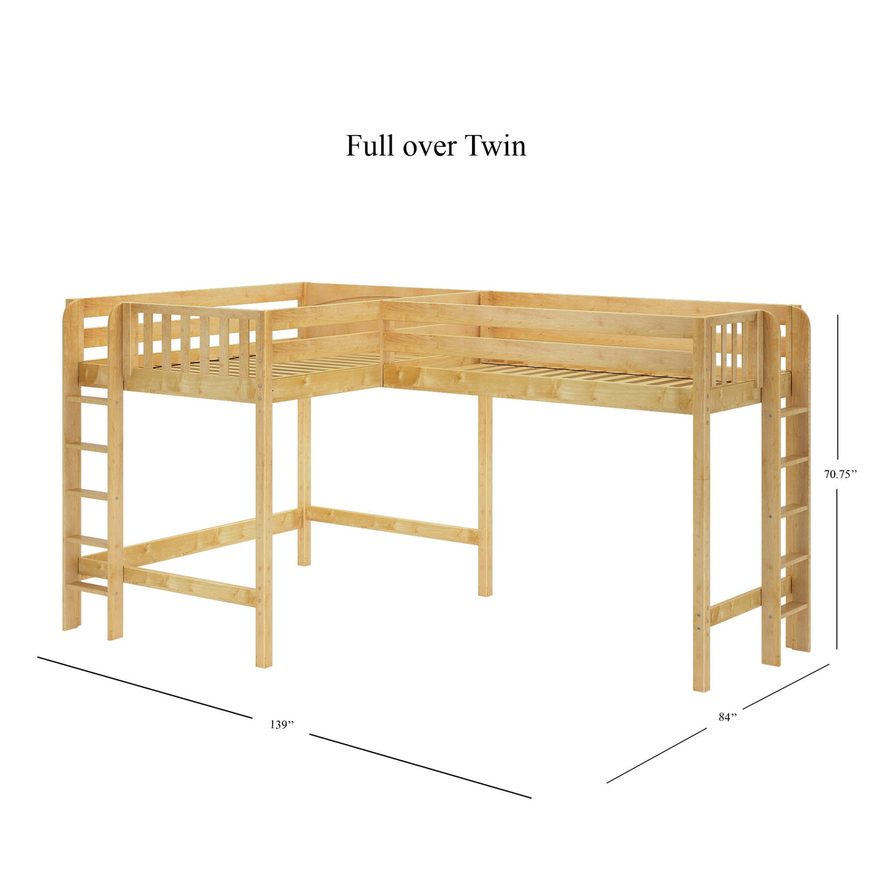 L-shaped full over twin wood loft bed with ladder and guardrails, 70.75 inches high, 139 inches wide, 84 inches deep.