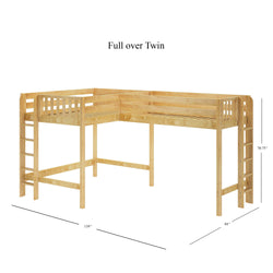 L-shaped full over twin wood loft bed with ladder and guardrails, 70.75 inches high, 139 inches wide, 84 inches deep.