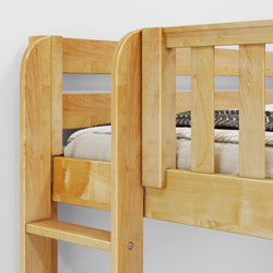 Natural wooden bunk bed frame with mattress and bedding in a minimalist bedroom setting.