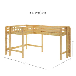 Wooden L-shaped full over twin bunk bed with ladder, dimensions 139 inches by 84 inches, natural finish.