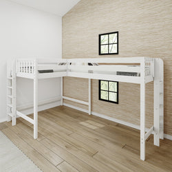 White wooden loft bed with ladder in a modern bedroom with light wood flooring and beige wall.
