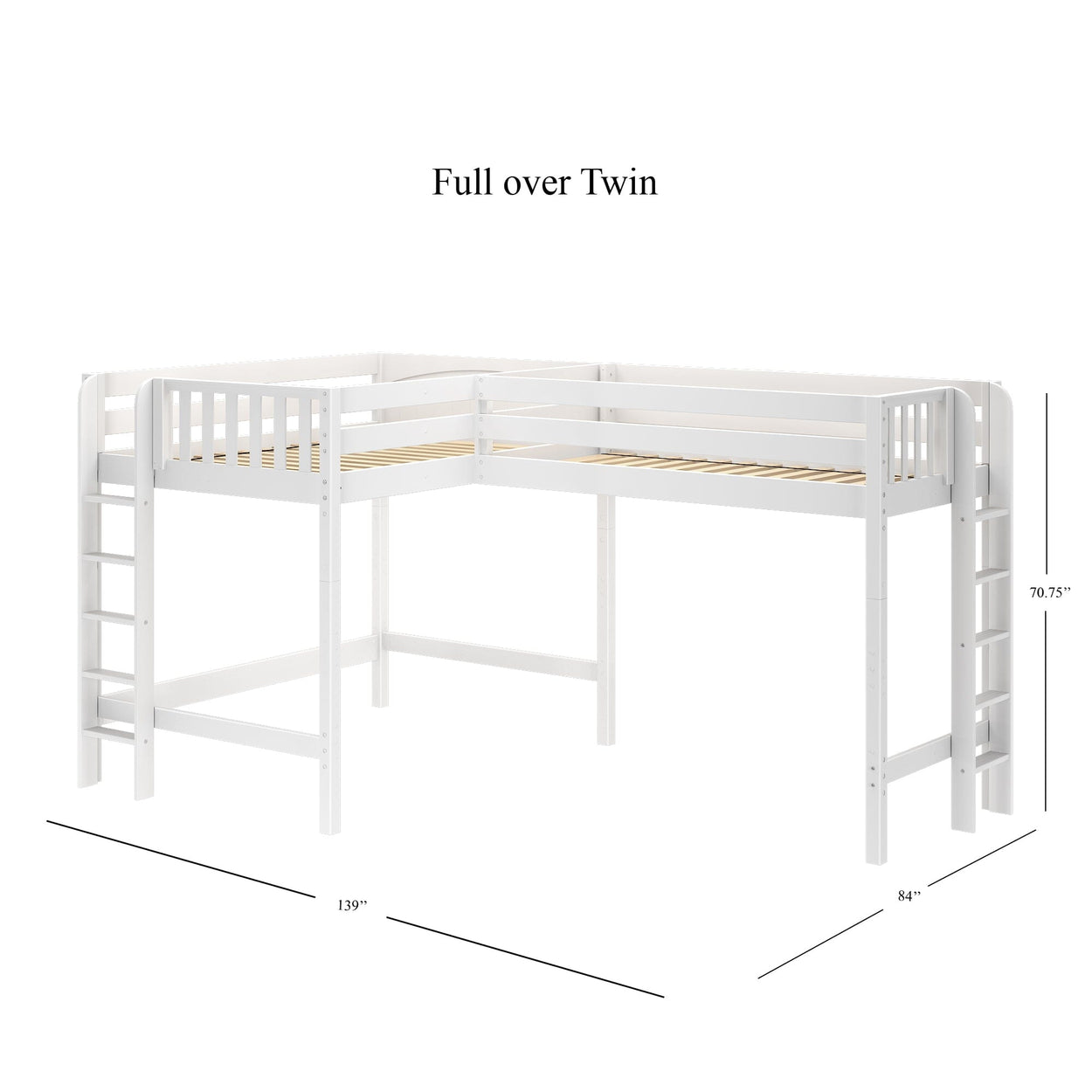 White L-shaped full over twin bunk bed with ladder and guardrails, dimensions 139 inches by 84 inches by 70.75 inches.