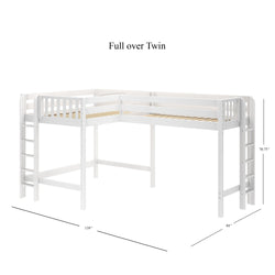 White L-shaped full over twin bunk bed with ladder and guardrails, dimensions 139 inches by 84 inches by 70.75 inches.