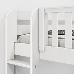 White wooden loft bed with safety railings and integrated ladder design.