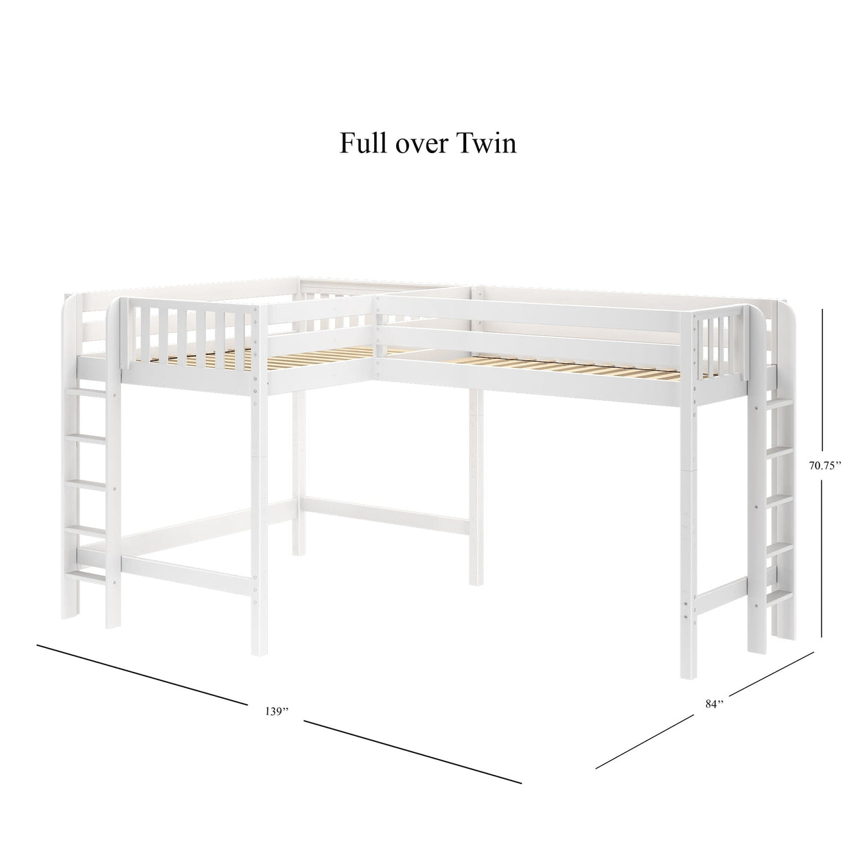L-shaped white wooden bunk bed with full over twin configuration dimensions.