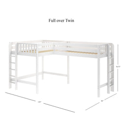 L-shaped white wooden bunk bed with full over twin configuration dimensions.