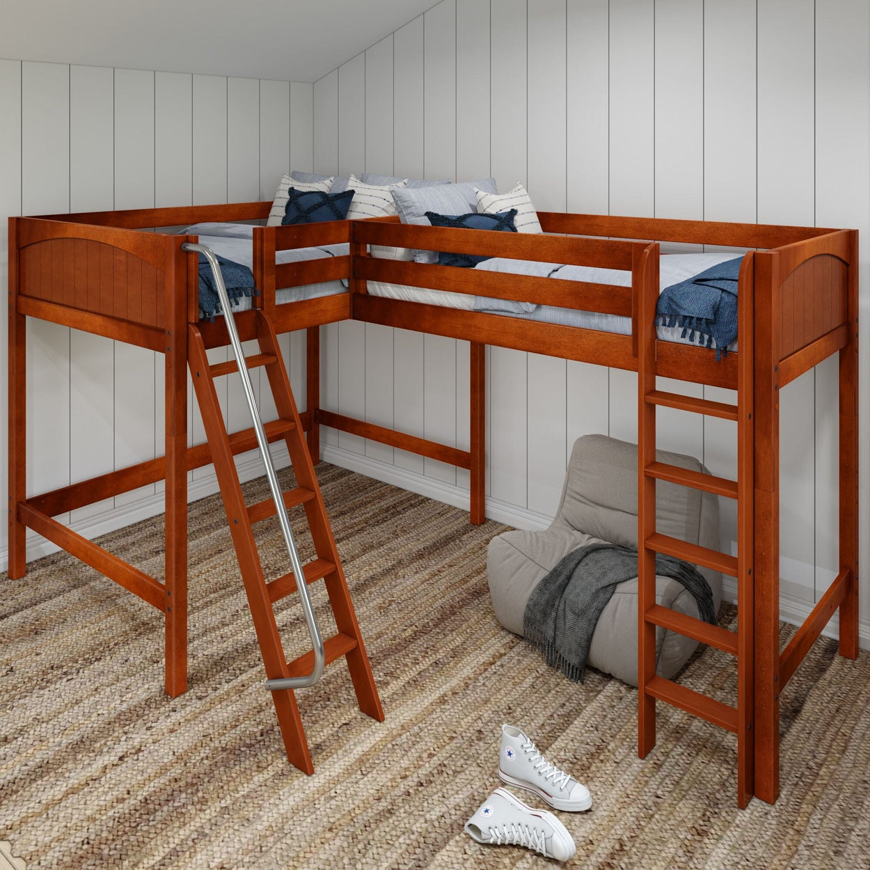 Loft bed with wooden frame and ladder in modern bedroom setting.