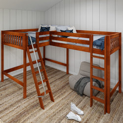 Wooden loft bed with ladder in a cozy, carpeted bedroom corner.