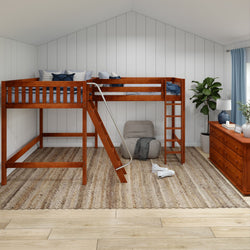 Wooden loft bed with ladder in modern bedroom, featuring a cozy chair, dresser, and decor.