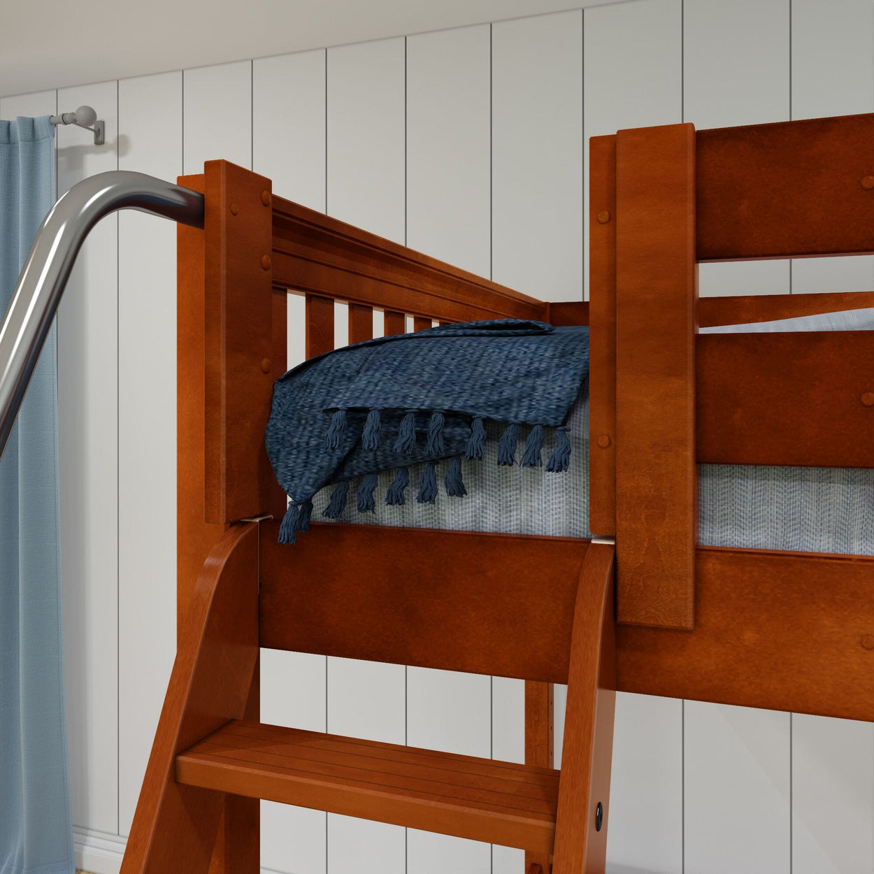 Wooden bunk bed with blue blanket and ladder in a cozy bedroom setting.