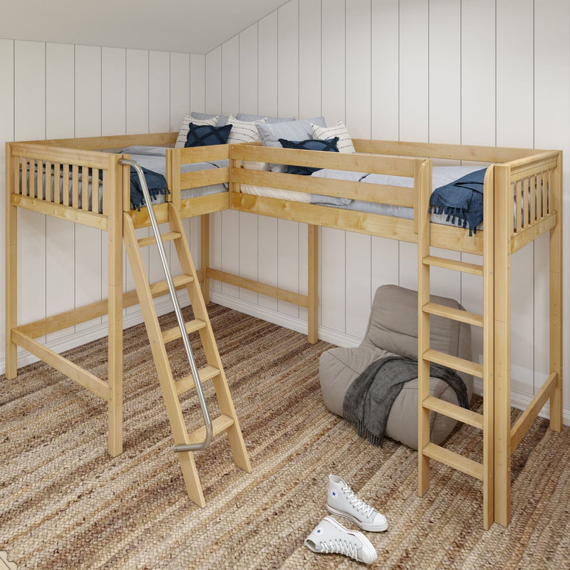 Wooden loft bed with ladder, L-shaped twin loft bed with blue pillows and throw, white shiplap walls, woven jute rug and cozy beanbag seating in a modern kids' bedroom