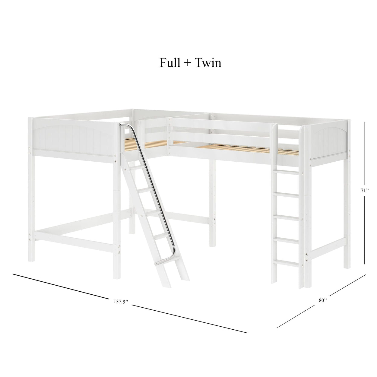L-shaped white full and twin loft bed with ladder and slide, dimensions 137.5x80x71 inches.