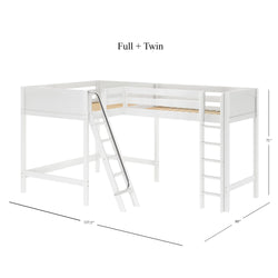 L-shaped white full and twin loft bed with ladder and slide, dimensions 137.5x80x71 inches.