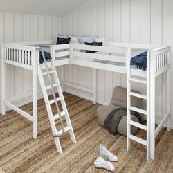 White wooden loft bed with ladder and cozy blue bedding in a modern bedroom setup with a woven rug and casual sneakers.