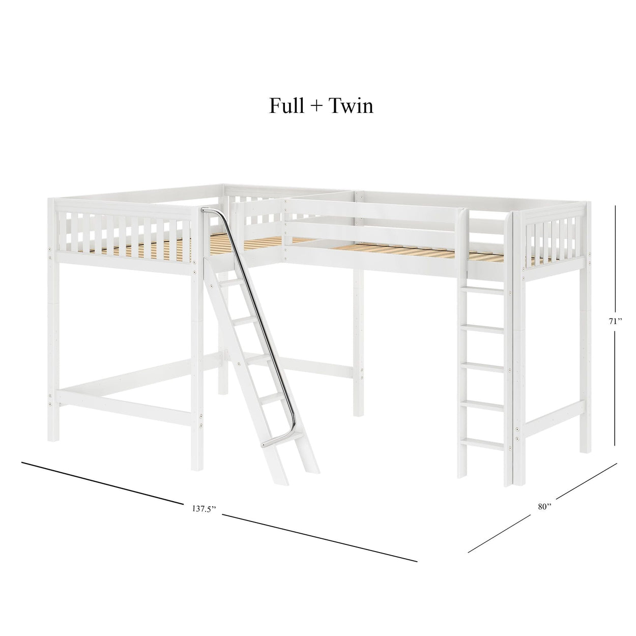 White L-shaped full twin loft bunk bed with ladder and railings, dimensions 137.5 x 80 x 71 inches, perfect for space-saving in kids' rooms.
