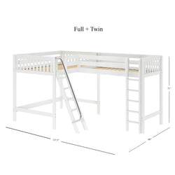 White L-shaped full twin loft bunk bed with ladder and railings, dimensions 137.5 x 80 x 71 inches, perfect for space-saving in kids' rooms.